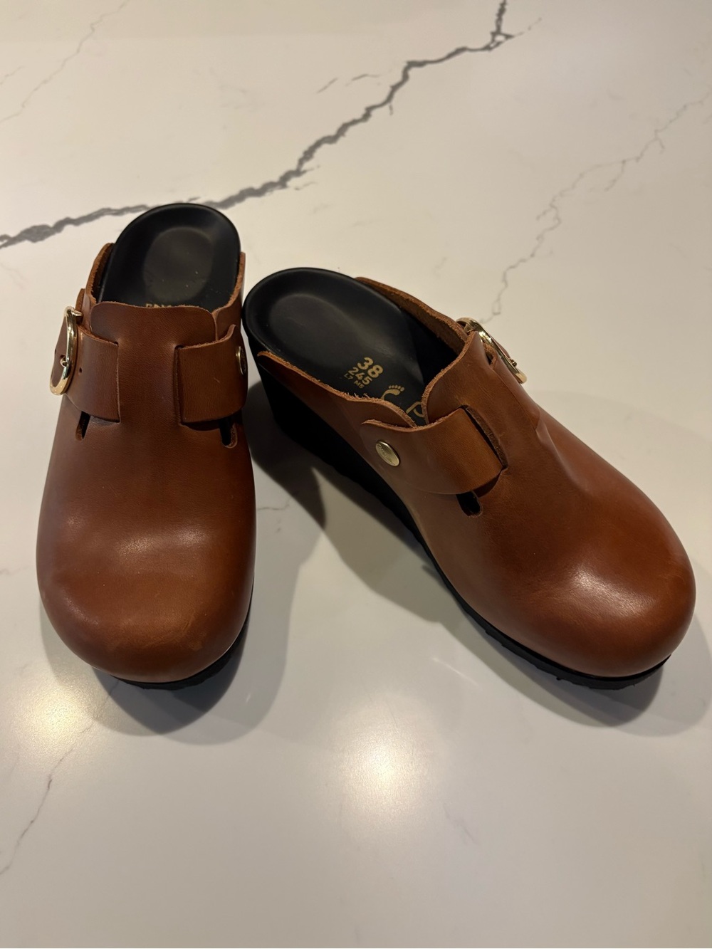Birkenstock Papilio Brown Leather Wedge Clogs, 7-7.5, 38